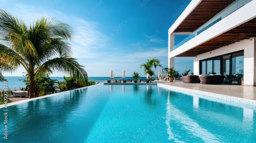 Luxury beachfront villa with infinity pool overlooking the ocean, under a bright sunny sky. Modern architecture and tropical landscaping create a stunning coastal paradise. : Generative AI Luxury beachfront villa with infinity pool overlooking the ocean, under a bright sunny sky. Modern architecture and tropical landscaping create a stunning coastal paradise. : Generative AI
