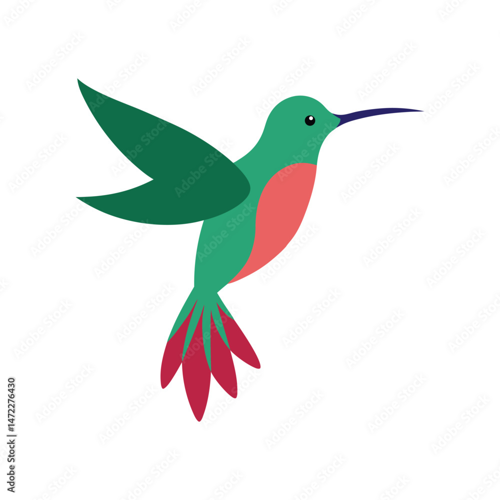 Fototapeta premium Vector illustration of a vibrant green and red hummingbird in mid flight on white background