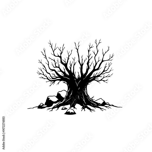 Solitary arboreal silhouette with fractured stone grounding, minimalist design