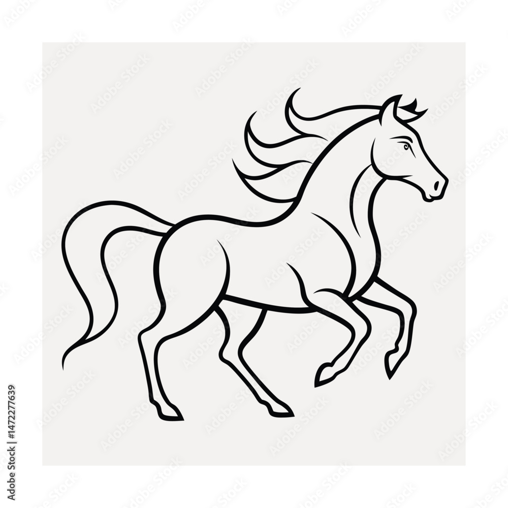 Elegant outline illustration of a running horse in dynamic pose against neutral background Elegant outline illustration of a running horse in dynamic pose against neutral background
