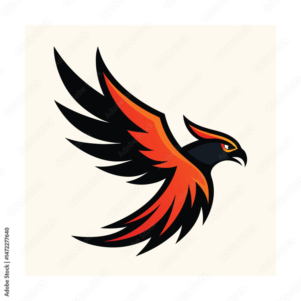 Fototapeta premium Bold graphic illustration of a flying phoenix bird with dynamic orange and black wings