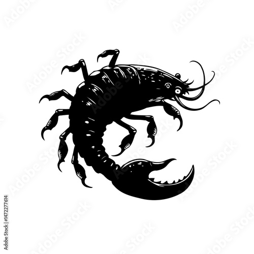 Stylized depiction of a scorpion creature with exaggerated features in monochrome