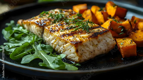 Grilled Salmon with Sweet Potatoes and Fresh Green Arugula Garnish