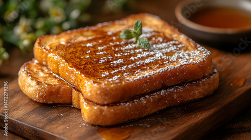 Deliciously Golden French Toast Served on Wooden Board with Syrup
