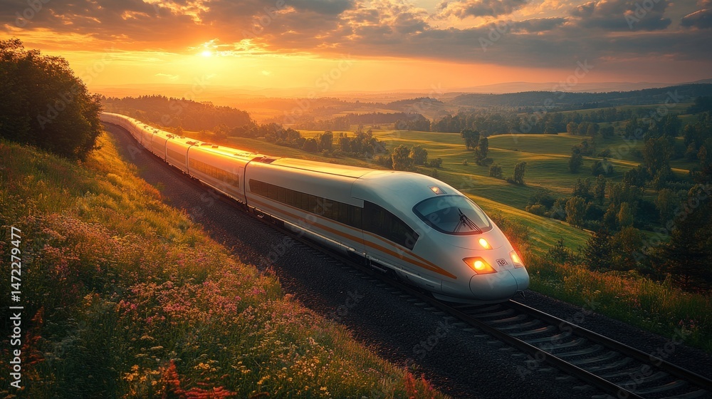 Fototapeta premium High-speed train at sunrise through scenic landscape