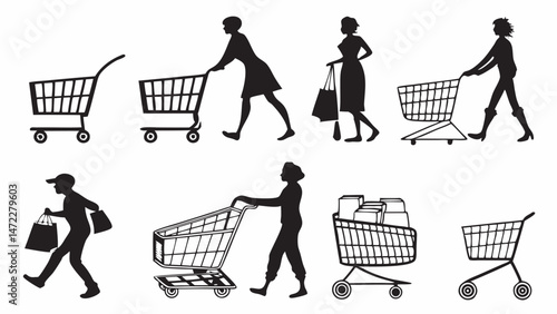 Silhouette shopping carts and people collection vector graphics illustration