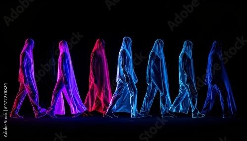 Neon-glowing figures with veils walking in a row against a dark background. Concept of Halloween or futuristic costume design.