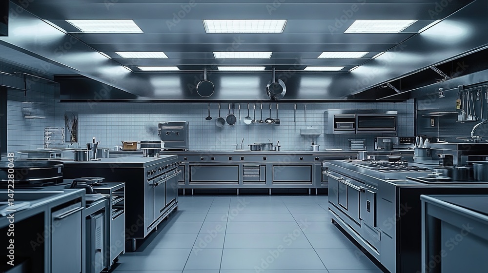 Obraz premium A modern commercial kitchen with stainless-steel appliances, white tiled walls, and ceiling lights.