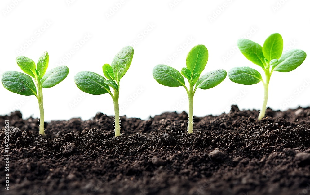 Naklejka premium Four small green plants sprouting from dark soil.