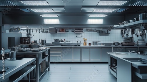 A modern commercial kitchen with stainless-steel appliances, white tiled walls, and ceiling lights.