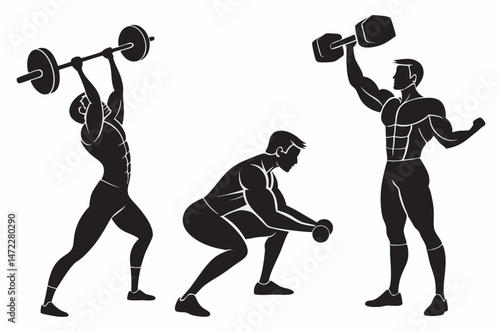 Strong man lifting heavy barbell doing squats powerlifting monochrome silhouette vector