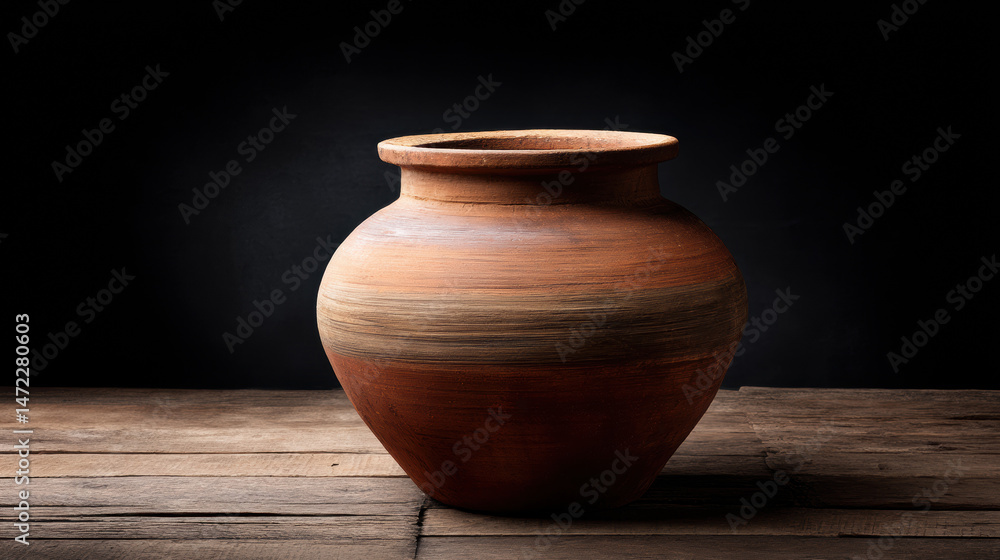 An old earthen clay pot sits on a weathered wooden table against a dark studio background, showcasing its rustic texture and vintage charm in the soft lighting. An old earthen clay pot sits on a weathered wooden table against a dark studio background, showcasing its rustic texture and vintage charm in the soft lighting.