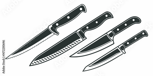 Set of kitchen knives illustration black and white culinary preparation tools