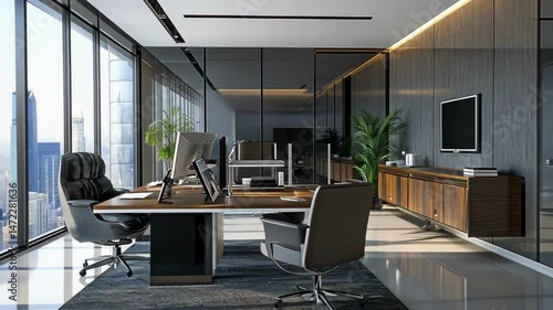 Modern office interior with city view.