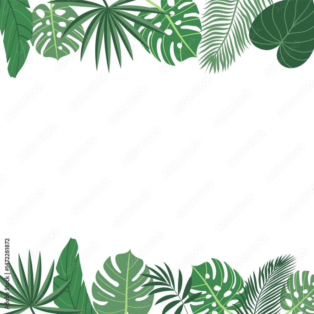 Obraz premium Tropical plant leaves summer backgruonds. Modern botanical illustration of monstera, palm leaf, banana leaf hibiscus. Vector leaves with playful vibrant colors.
