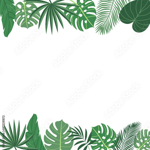 Tropical plant leaves summer backgruonds. Modern botanical illustration of monstera, palm leaf, banana leaf hibiscus. Vector leaves with playful vibrant colors.