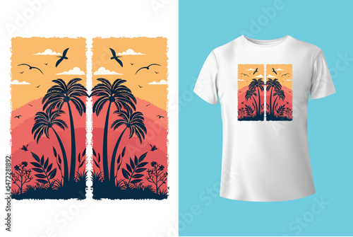 beach slogan with palms trees and white pigeons on blue sky background vector illustration