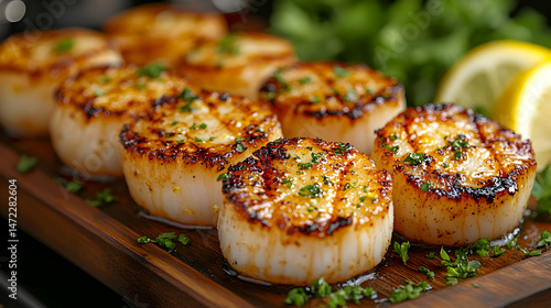 Grilled Scallops on Wooden Platter with Lemon and Herbs