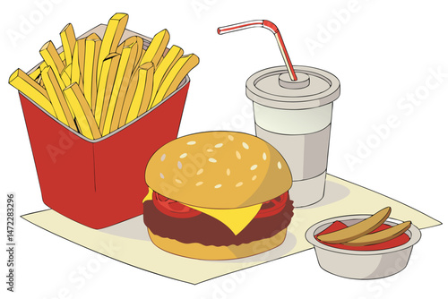 40 Fast food meal, cheeseburger with sesame seed bun, french fries in red container, soft drink in clear cup with straw, pickles in small dish, white background, realistic rendering, high detail, vibr