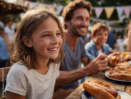 Happy family with children eating hot dogs at outdoor food festival with colorful bunting in background