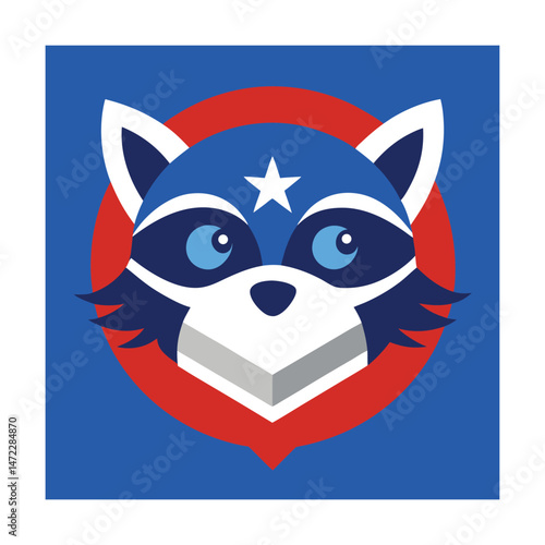 A heroic raccoon mascot cartoon character featuring patriotic colors and a star emblem