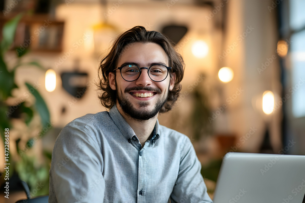 Fototapeta premium Young Man Smiling Confidently While Working on Laptop in Office