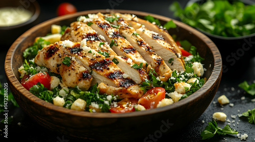 Grilled Chicken Breast Served on Fresh Vegetable Salad Bowl