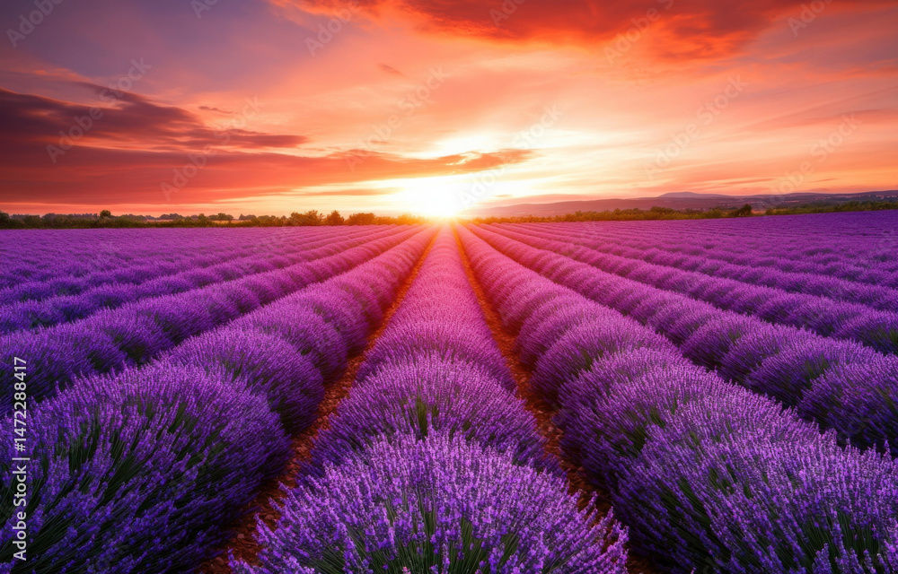 Obraz premium Vibrant lavender field at sunset, rows of purple flowers stretching towards a fiery orange sky, creating a breathtaking natural landscape. : Generative AI