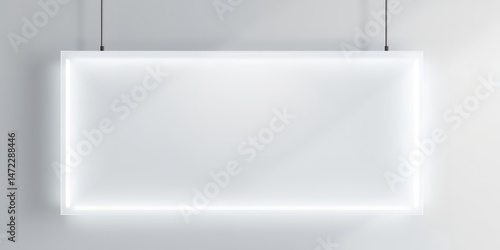 Wallpaper Mural Illuminated white rectangular sign hanging from thin black wires against a white wall Torontodigital.ca