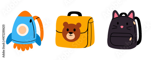 Fun collection of kids backpacks with bear, rocket and cat themes