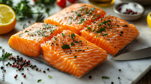 Freshly Cut Salmon Fillets with Herbs and Spices on Marble Surface