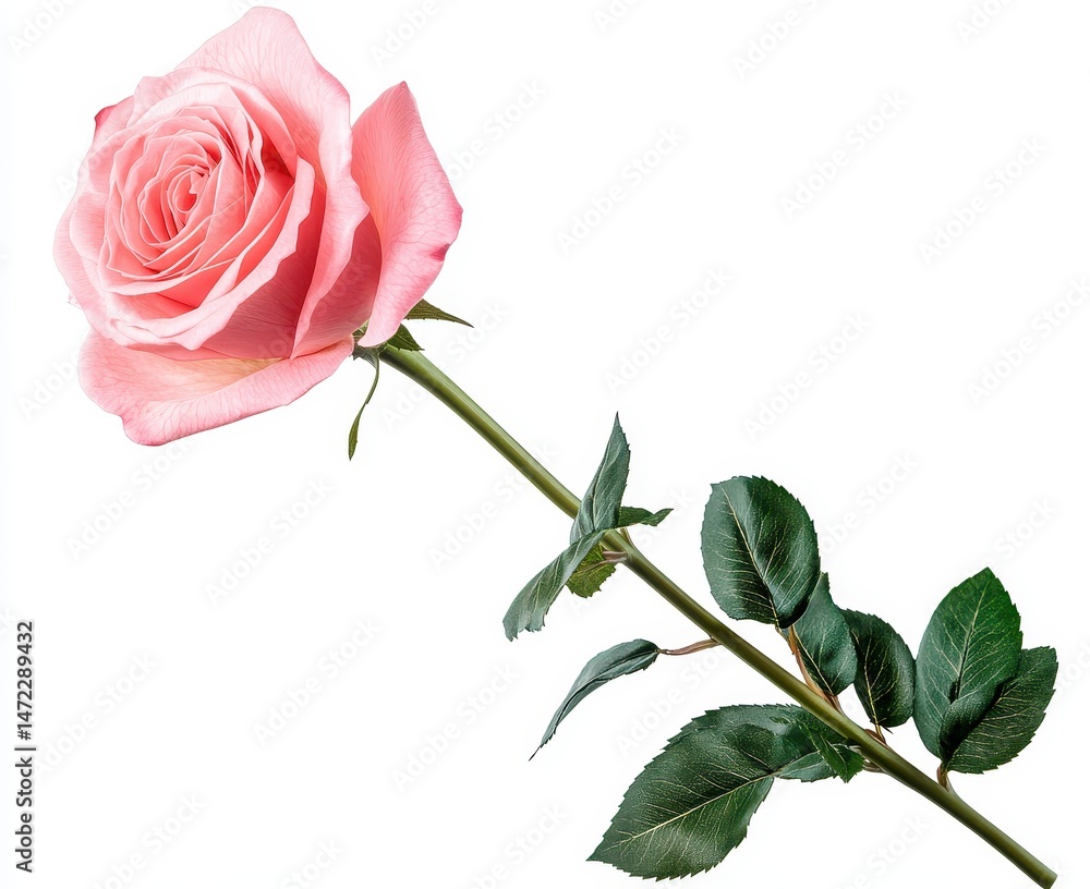 Obraz premium Delicate Pink Rose Bloom with Green Leaves Captured on White Background for Floral and Nature Themed Designs and Projects