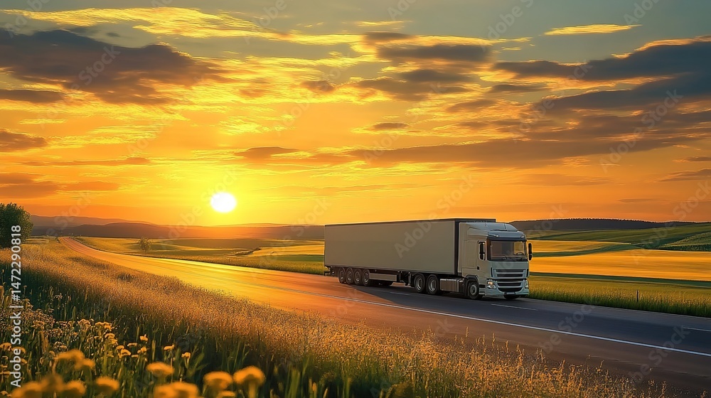 White truck driving on highway through fields with green grass, yellow flowers, and sunset. White truck driving on highway through fields with green grass, yellow flowers, and sunset.