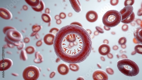 Microscopic Plasmodium falciparum ring form inside red blood cell, floating on white background
