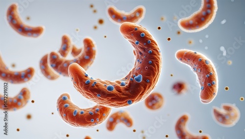 Microscopic Toxoplasma gondii crescent-shaped cell with visible nucleus, floating on white background
