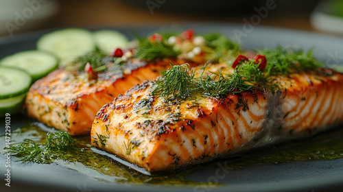 Grilled Salmon Fillets with Fresh Dill and Sliced Cucumbers