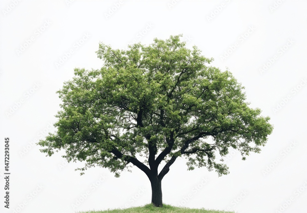 Single deciduous tree with lush green foliage, standing alone against a bright white sky, showcasing its strong branches and vibrant leaves. : Generative AI Single deciduous tree with lush green foliage, standing alone against a bright white sky, showcasing its strong branches and vibrant leaves. : Generative AI