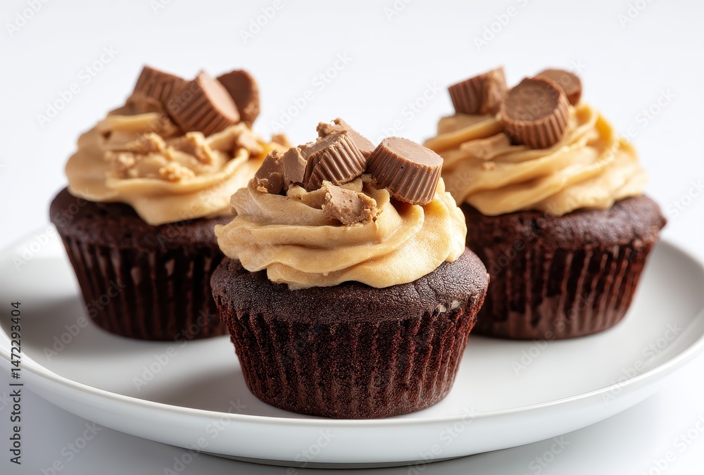 Delicious chocolate cupcakes topped with creamy peanut butter frosting and chocolate pieces, perfect for dessert and sweet treats lovers Delicious chocolate cupcakes topped with creamy peanut butter frosting and chocolate pieces, perfect for dessert and sweet treats lovers