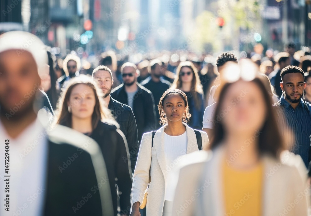 A young woman confidently walks through a bustling city street, surrounded by a diverse crowd of people going about their day. : Generative AI A young woman confidently walks through a bustling city street, surrounded by a diverse crowd of people going about their day. : Generative AI