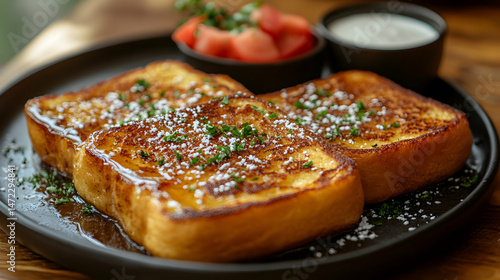 Delicious French Toast with Syrup, Berries, and Cream on Plate