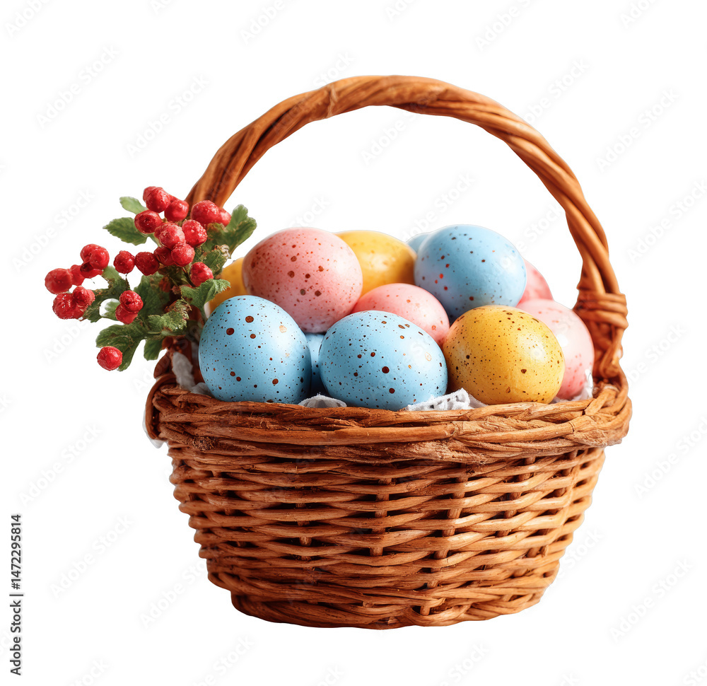Naklejka premium [Transparent Background PNG]Easter Eggs in a Wicker Basket