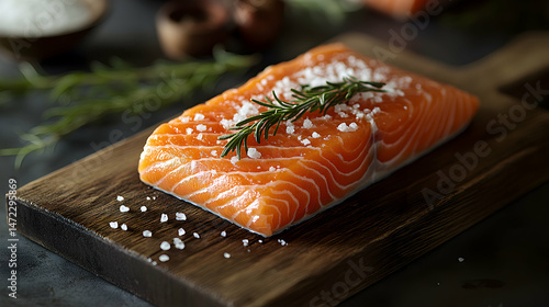 Fresh Salmon Fillet with Sea Salt and Rosemary on Wooden Board