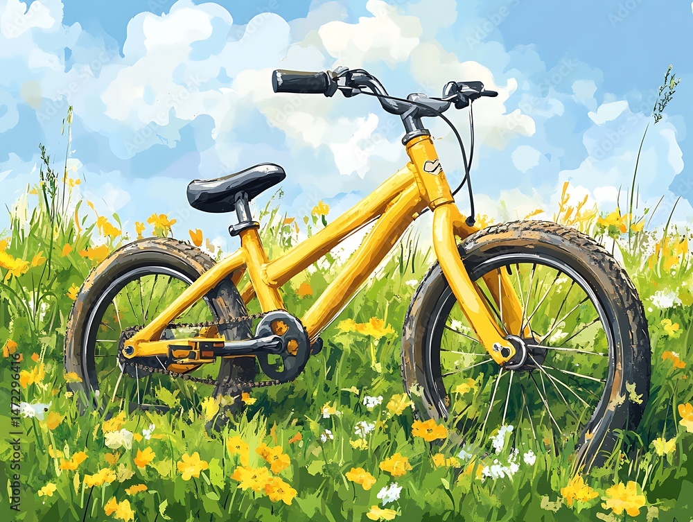 Obraz premium Yellow bike in a field of flowers, sunny day, leisure activity, children's bicycle