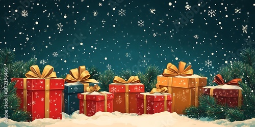 Christmas presents in snow, night scene photo