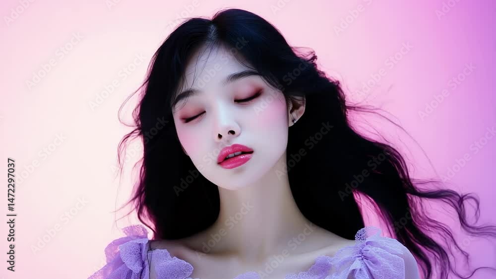 Young woman expressing serenity against a soft pink background Young woman expressing serenity against a soft pink background