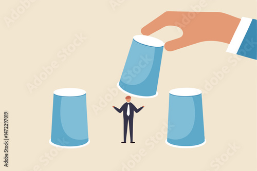 HR, Human resources choosing candidate, career choice or hiring manager and employment concept, employer hand lifting up the chosen cup to choose candidate businessman from guess game cups.