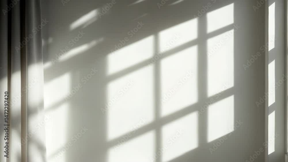 The light from the window shines on the white wall, as the curtain produces shadows, forming vague shapes and silhouettes. The light from the window shines on the white wall, as the curtain produces shadows, forming vague shapes and silhouettes.