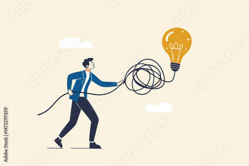Simplify complex business idea, untangle or solve business problem, solution for messy chaos situation concept, smart businessman untangle messy line of business idea lightbulb or simplify problem.