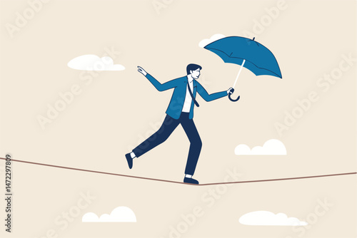 Business or investment risk protection, challenge, danger and difficulty to overcome to success in work and career concept, confident brave businessman ropewalker equilibrium walk on high tight rope.
