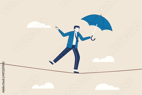 Business or investment risk protection, challenge, danger and difficulty to overcome to success in work and career concept, confident brave businessman ropewalker equilibrium walk on high tight rope.